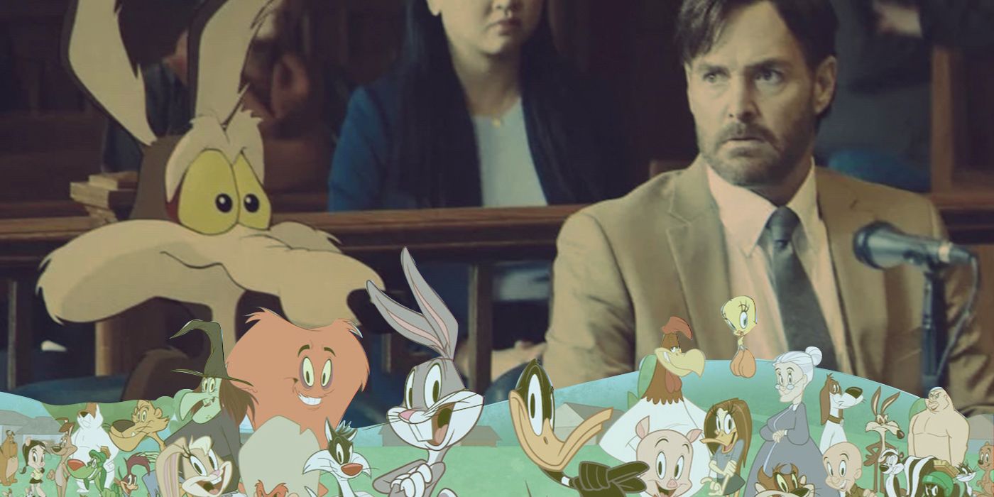 An edited image of Will Forte and Wile E. Coyote in court with the Looney Tunes characters in front of them