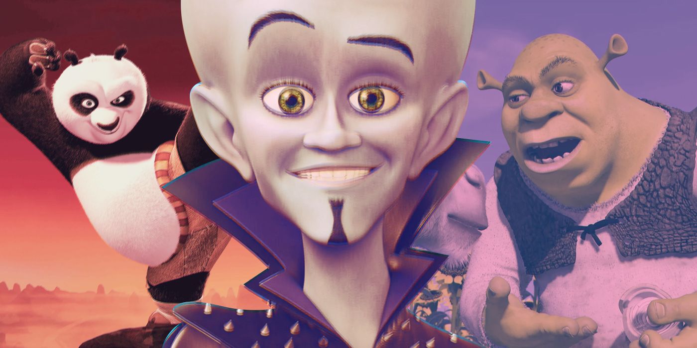 An edited image of Megamind with Po from Kung Fu Panda and Shrek from Shrek
