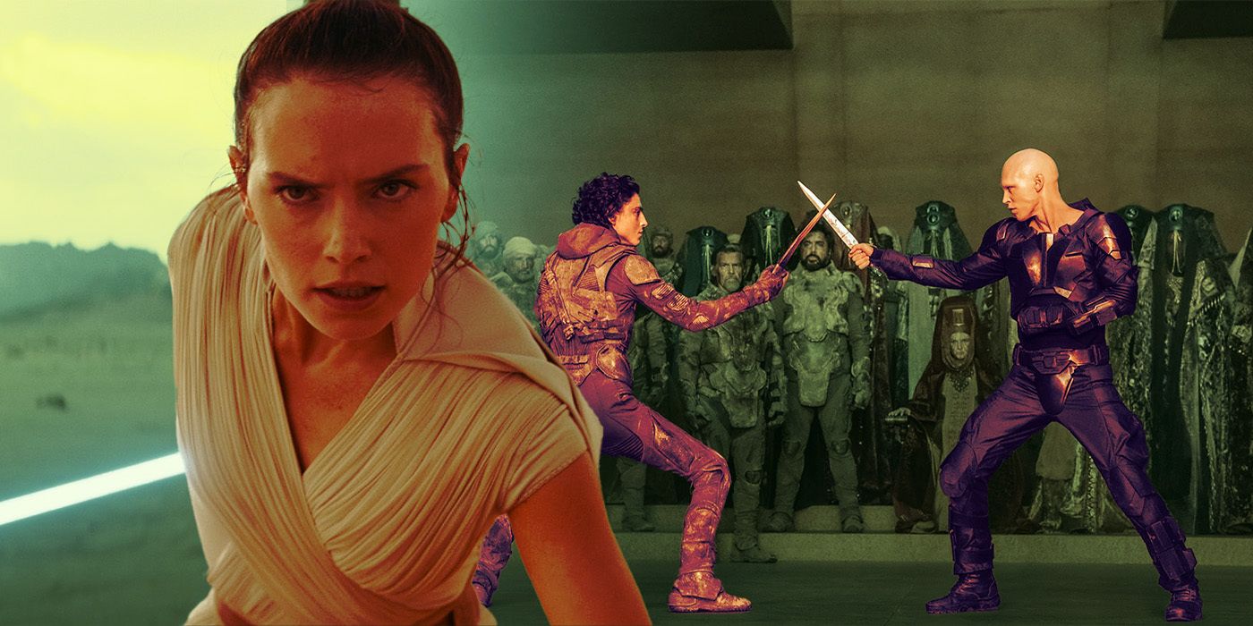 An edited image of Daisy Ridley as Rey, Timothee Chalamet as Paul, and Austin Butler as Feyd Rautha in Star Wars and Dune