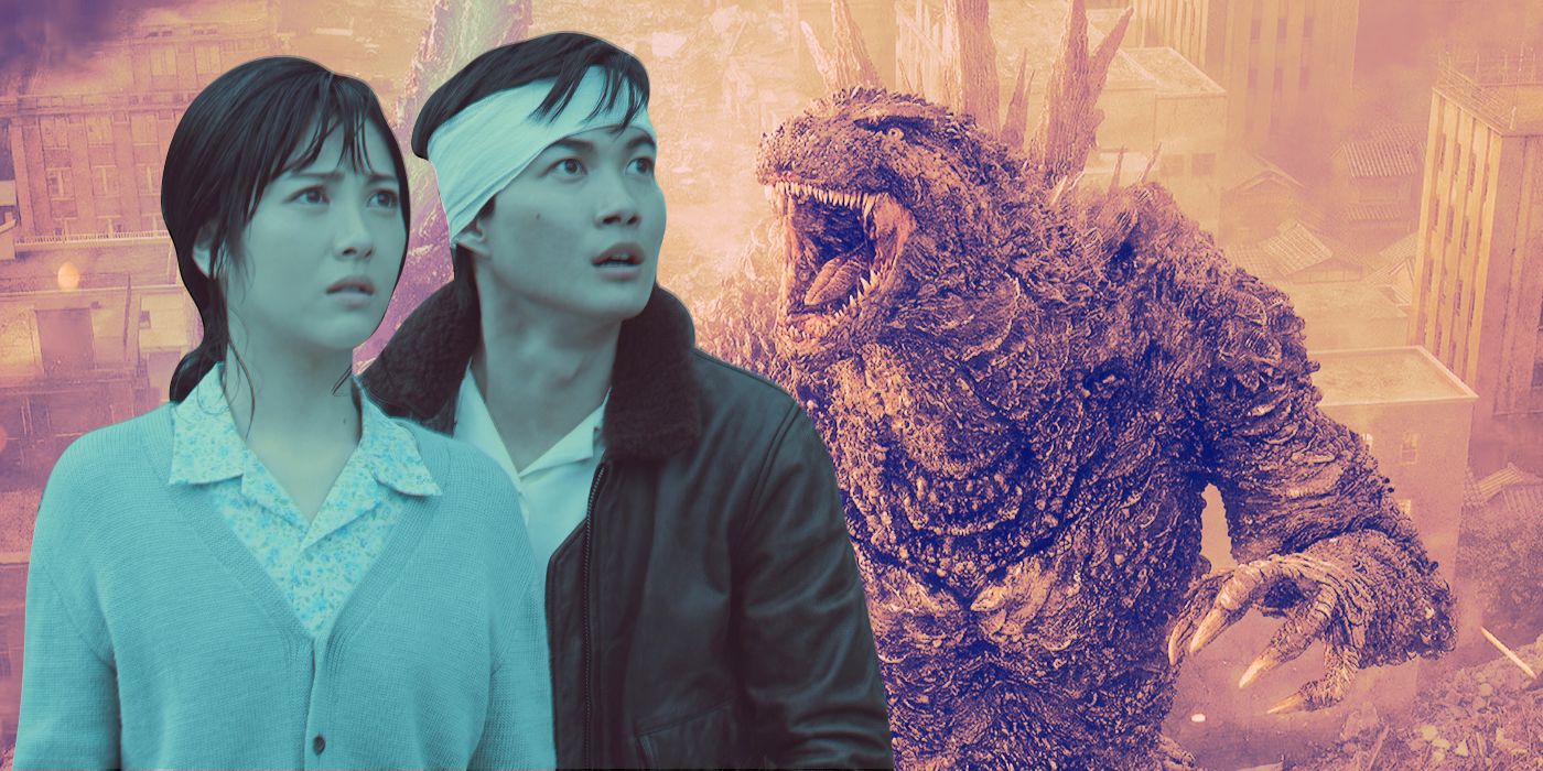 An edited image of Minami Hamabe as Noriko Ōishi and Kamiki Ryunosuke as Kōichi Shikishima in Godzilla Minus One