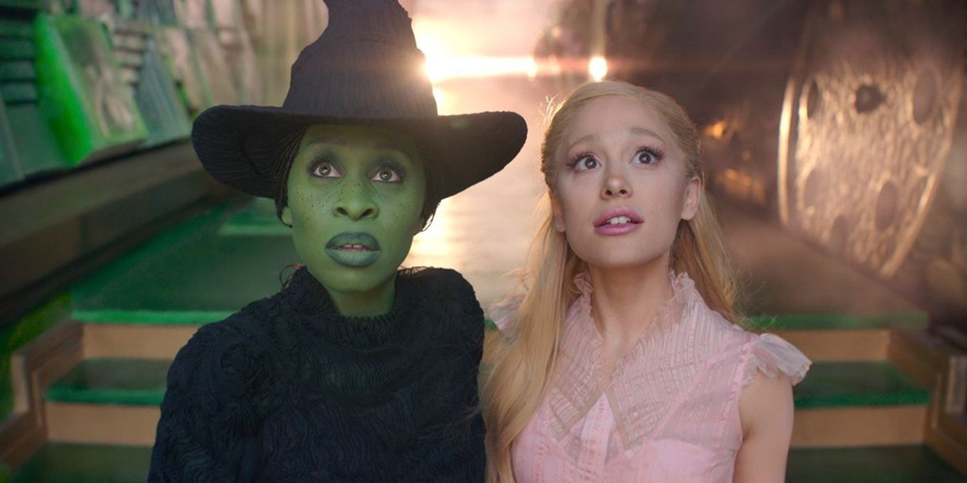 Cynthia Erivo as Elphaba Thropp and Ariana Grande as Galinda Upland standing together in Wicked (2024)