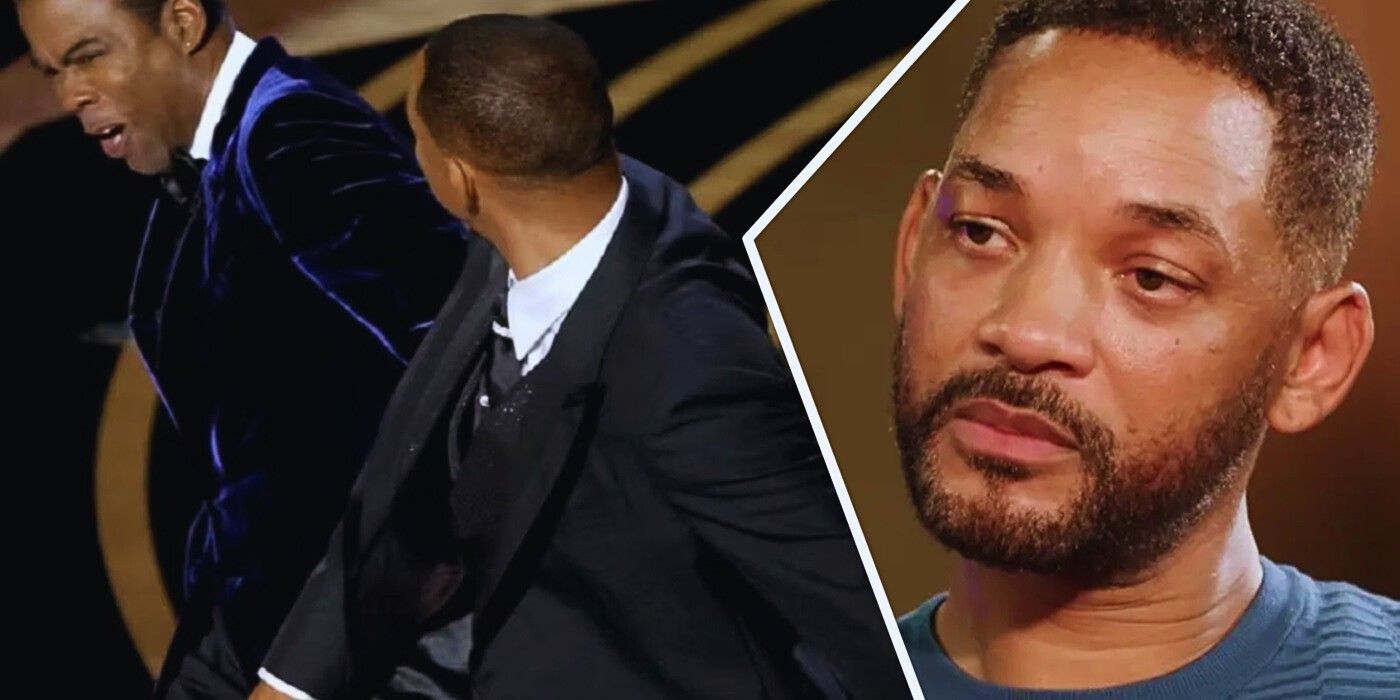 Image of the Oscars slap and Will Smith looking sad.