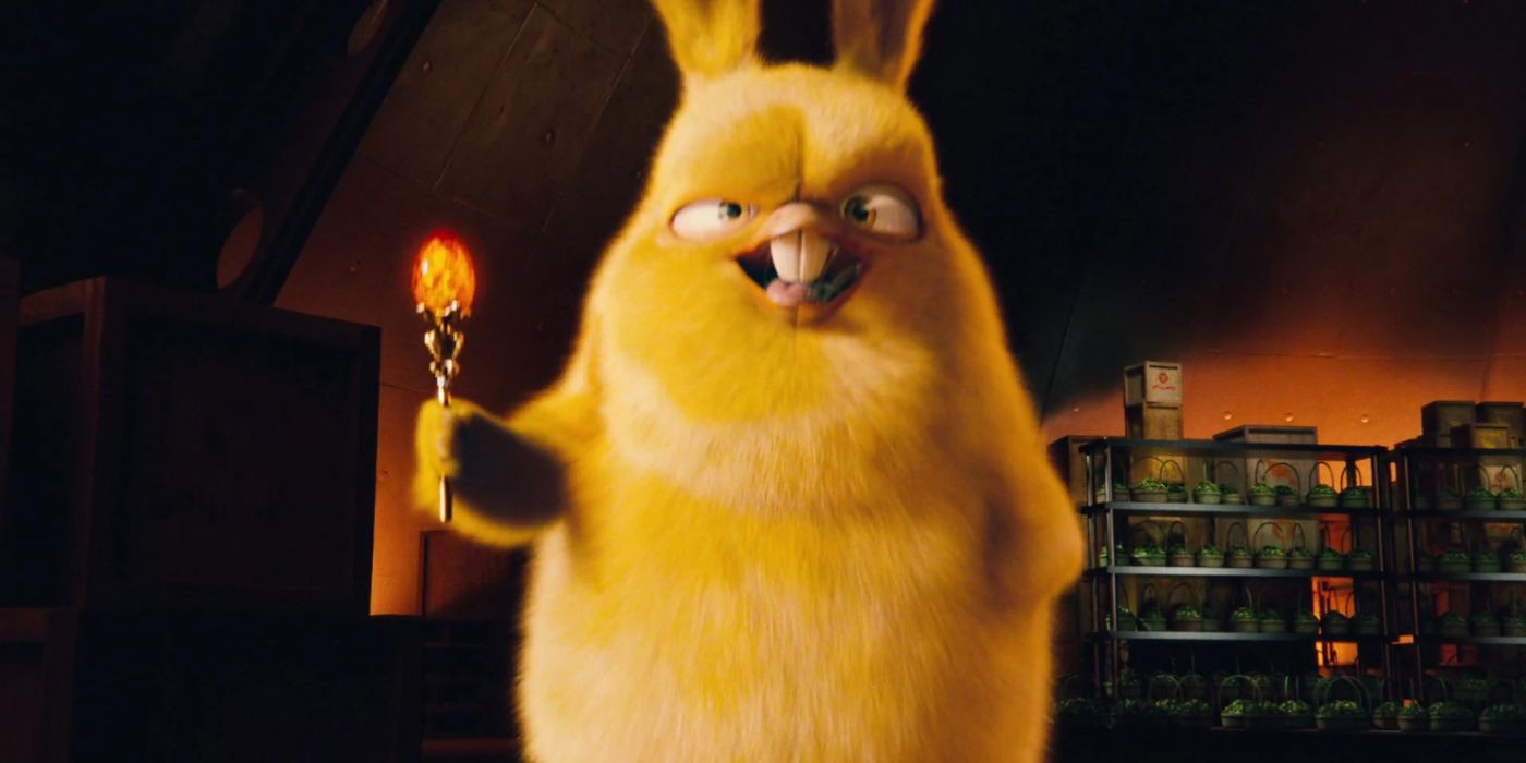 Yellow bunny with a torch in Easter movie Hop