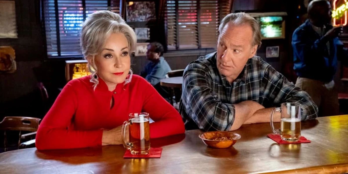 Connie and Dale sitting at a bar with beer on Young Sheldon