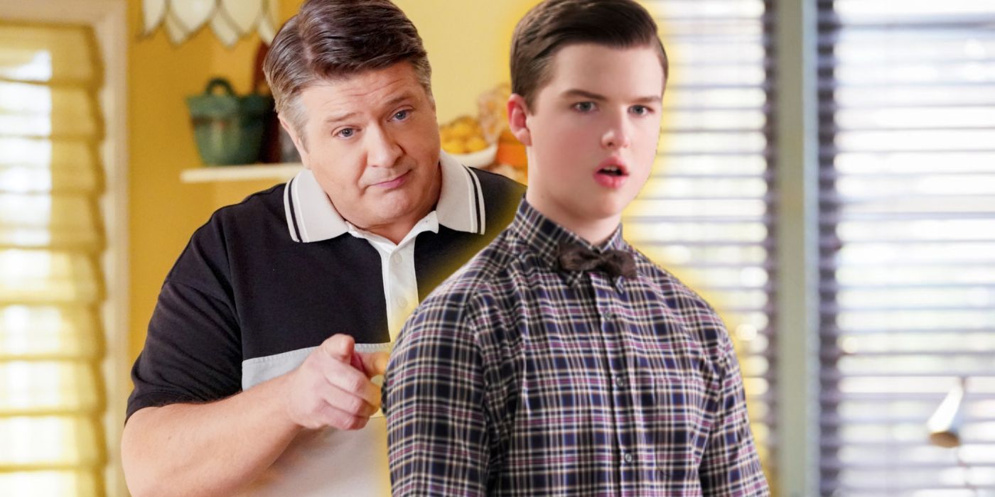 Iain Armitage as Sheldon Cooper with Lance Barber as George Sr looking toward the camera in Young Sheldon