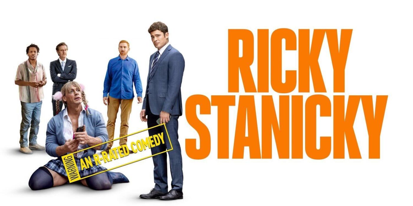 Zac Efron as Dean wearing a suit with John Cena as Ricky Stanicky dressed in a skirt with a wig in Ricky Stanicky