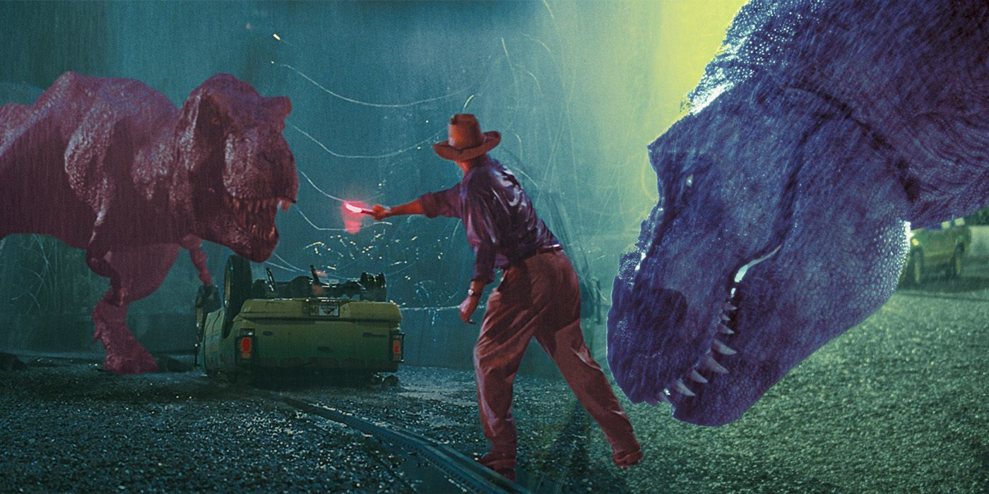 A collage of stills from the film Jurassic Park which includes Dr. Alan Grant wielding a flare and the T-Rex