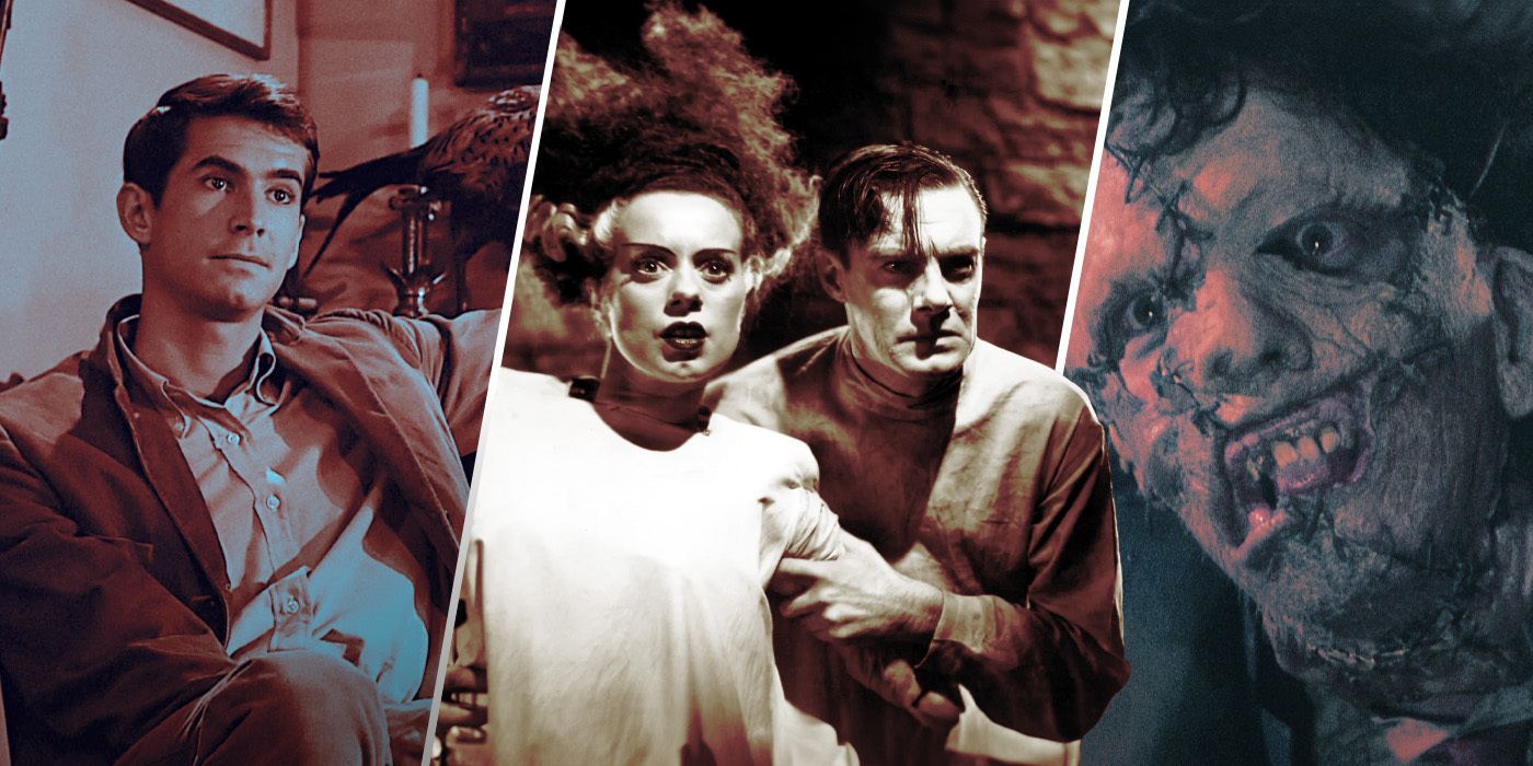 Collage image featuring stills from the classic horror films, Psycho, Bride of Frankenstein, and The Texas Chainsaw Massacre 2 