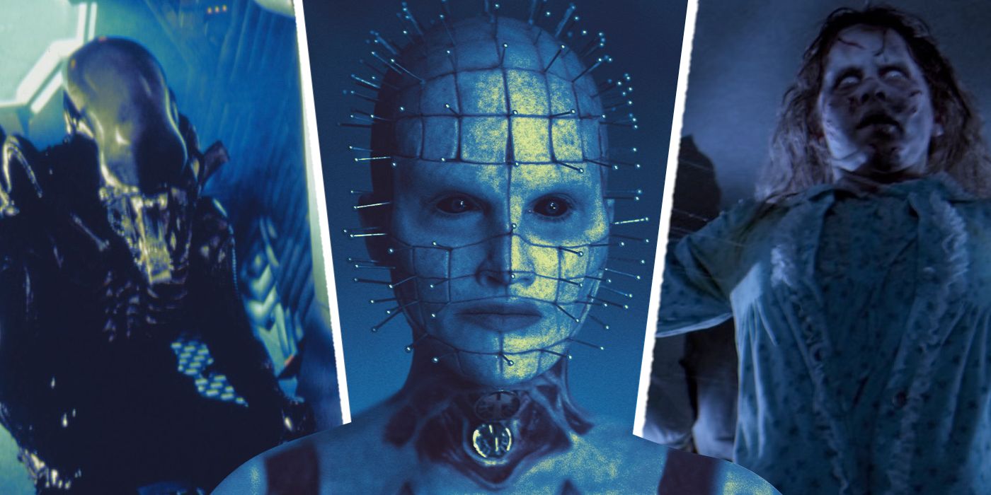 An edited collage of Hellraiser, Alien, and The Exorcist
