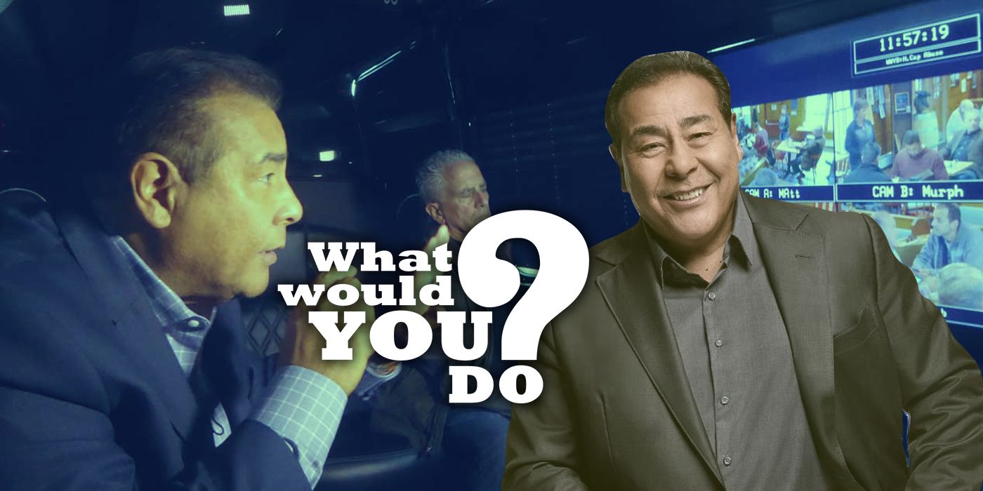 An edited image of John Quiñones wearing a suit looking at different monitors in What Would You Do?