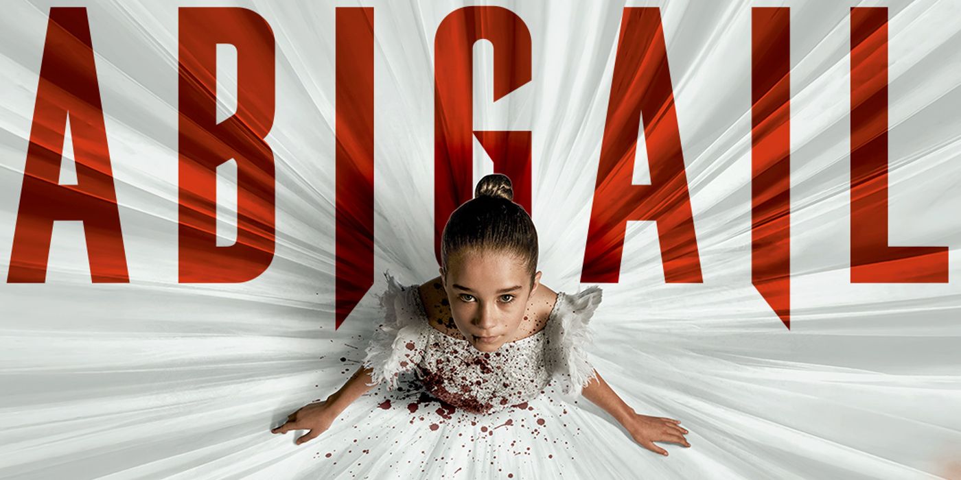 Alisha Weir as Abigail wearing a white dress with blood on it looking up in Abigail