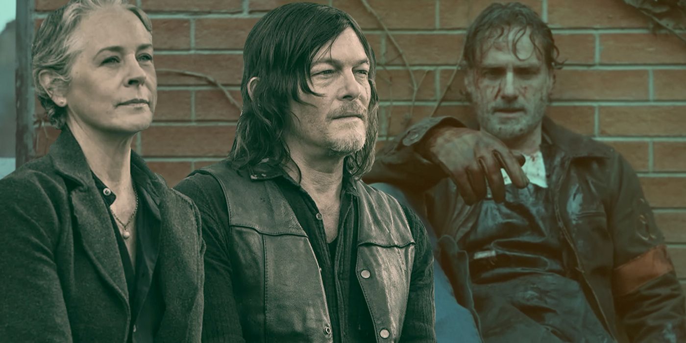 An edited image of Andrew Lincoln as Rick, Norman Reedus as Daryl, and Melissa McBride as Carol in The Walking Dead