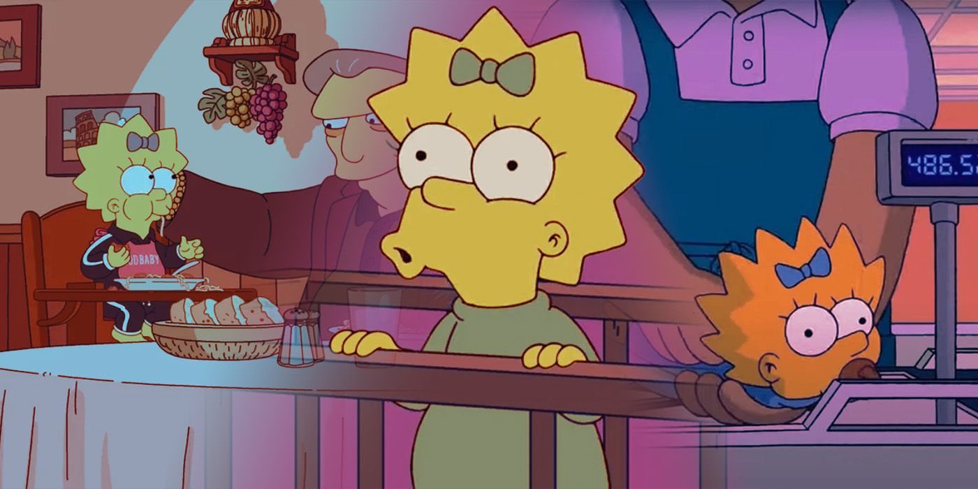 A collage of different scenes of Maggie Simpson from The Simpsons