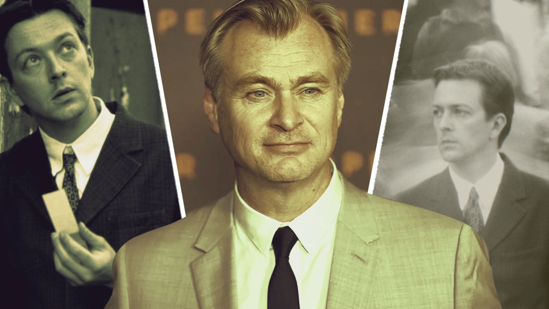 An edited image of Christopher Nolan wearing a suit alongside Jeremy Theobald as The Young Man in Following