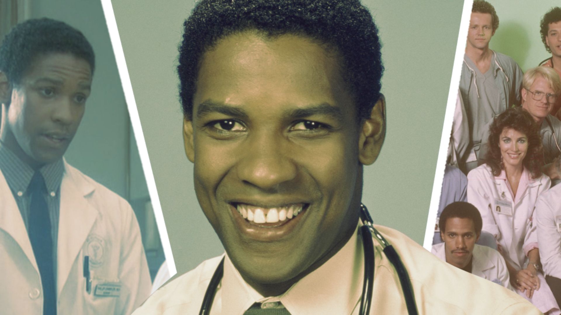 An edited image of Denzel Washington as Dr. Philip Chandler in a white dress and collared shirt in St. Elsewhere