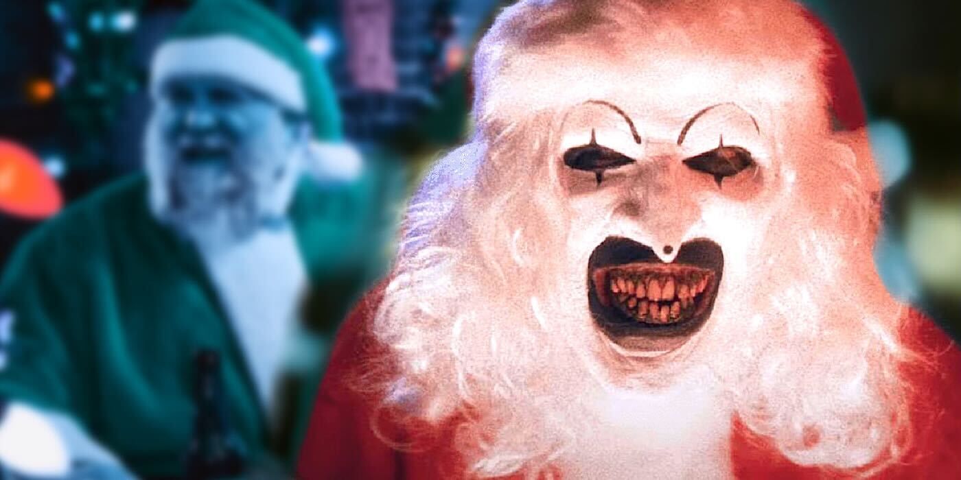 Art the Clown dressed as Santa in Terrifier 3 with Daniel Roebuck behind