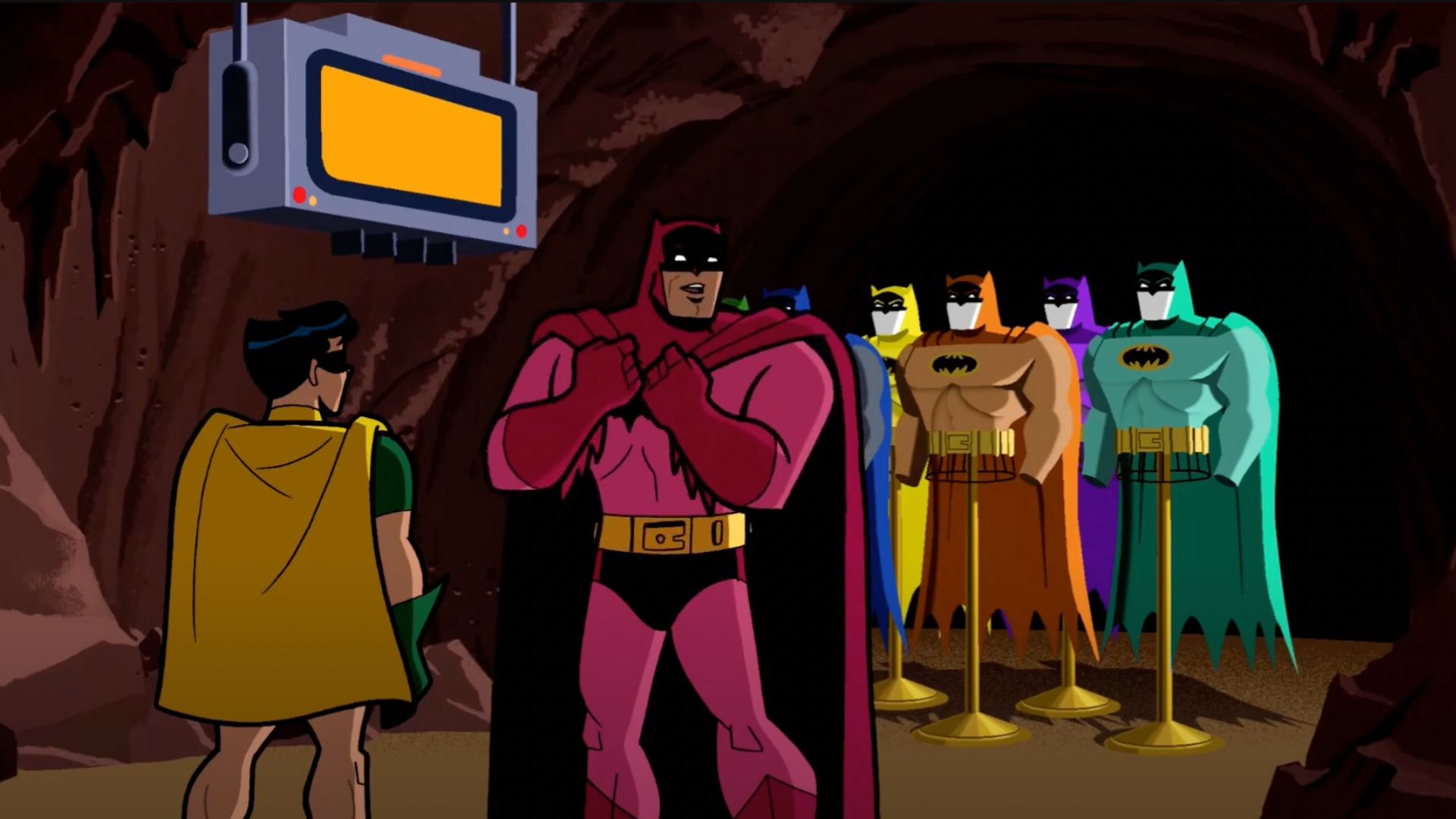 Batman dons a new colored suit in Batman: Brave and the Bold.
