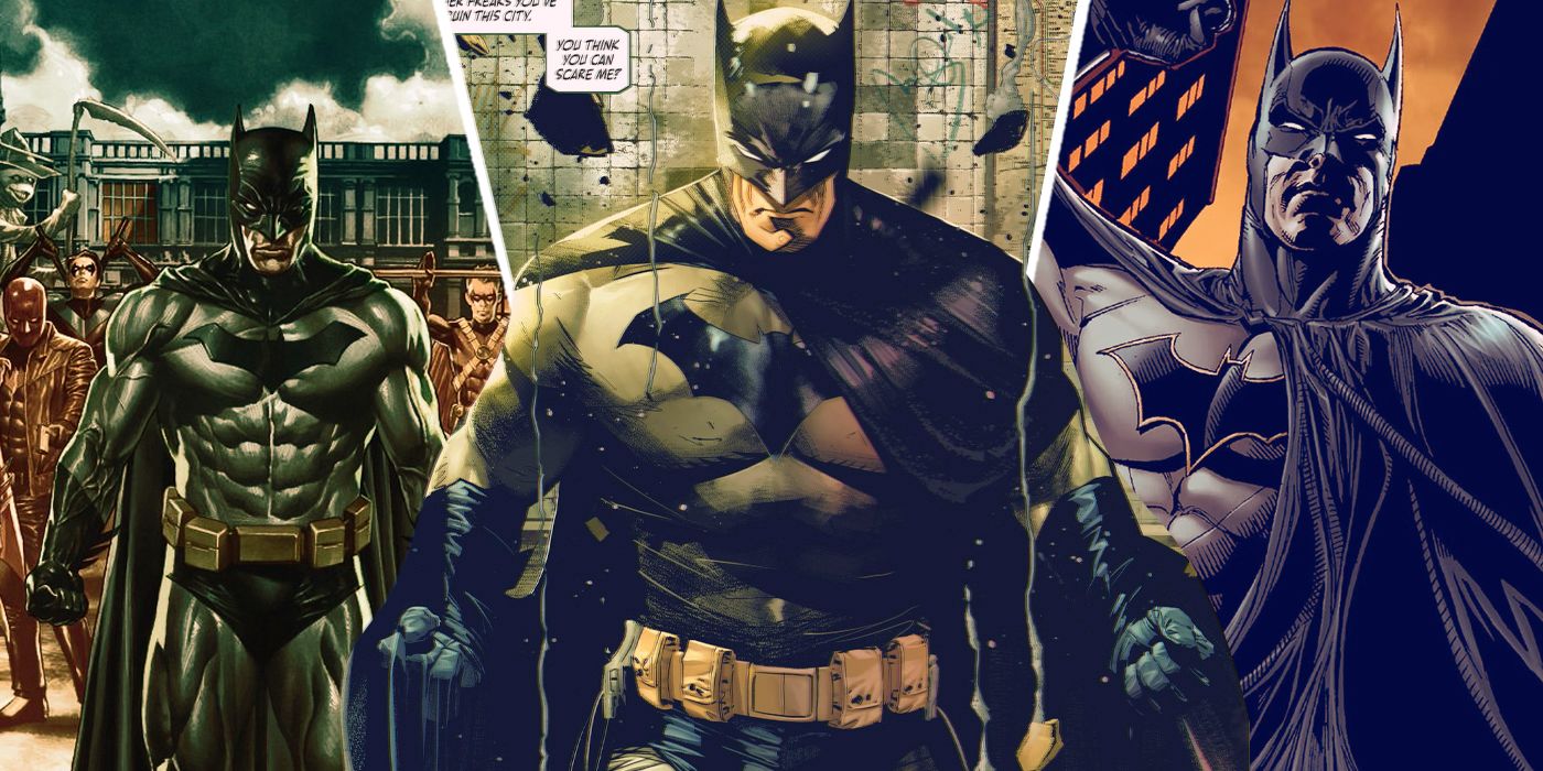 An edited image of Batman in his black and grey batsuit in different comic panels