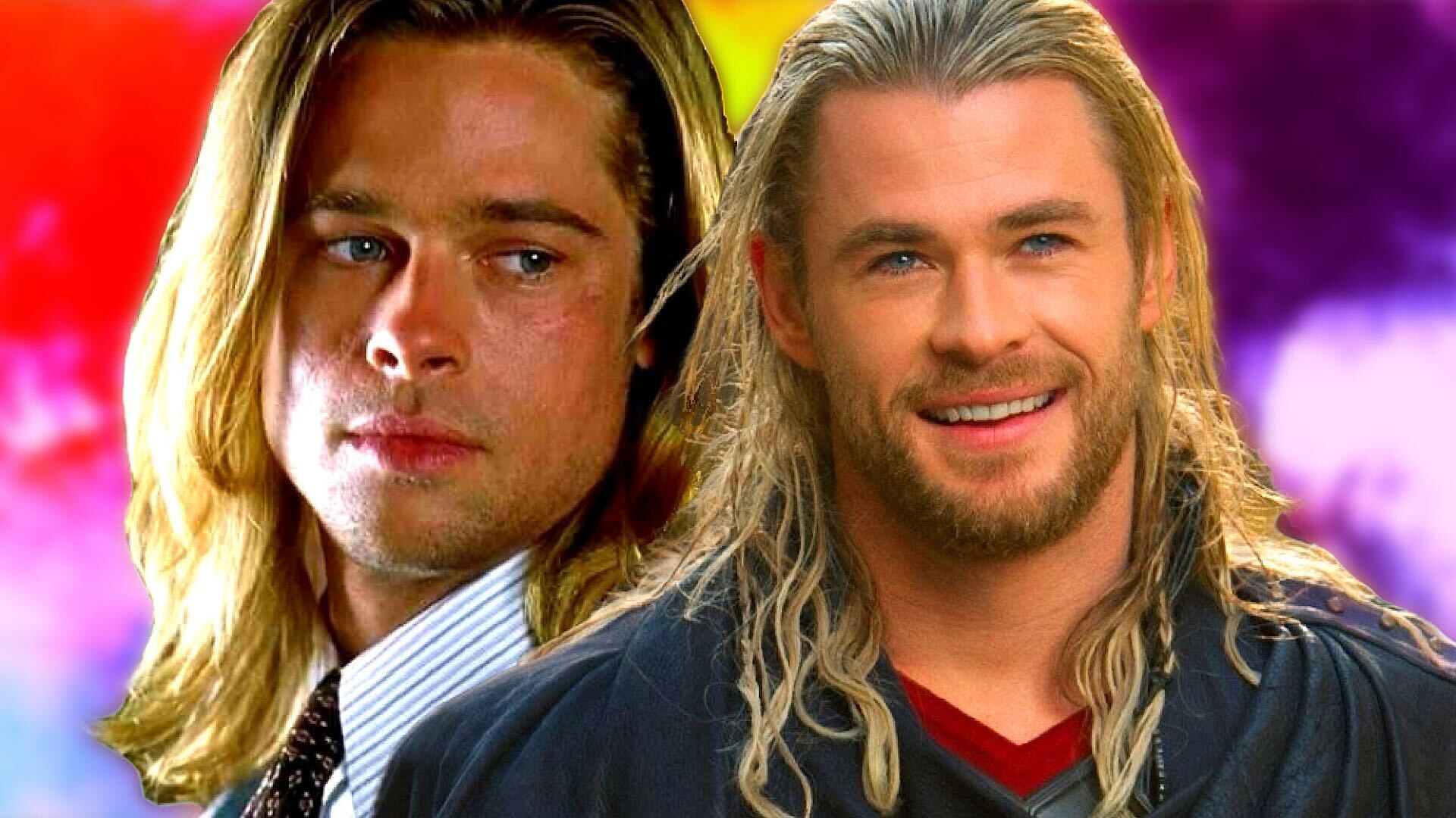 Brad Pitt and Chris Hemsworth with long hair on a color spot background