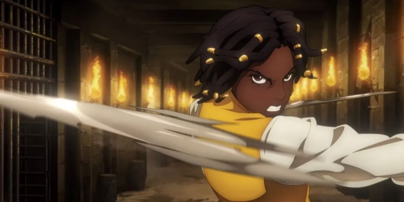 Castlevania Nocturne, Annette, a black woman with a protective hairstyle, swinging a sword 