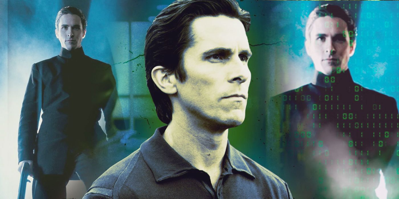An edited image of Christian Bale wearing a black outfit with green numbers edited onto it in Equilibrium