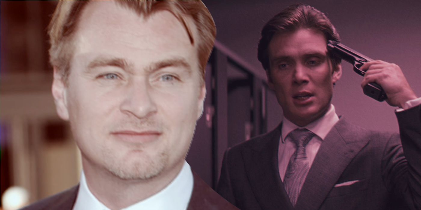 An edited image of Christopher Nolan next to Cillian Murphy pointing a gun at his head in Inception