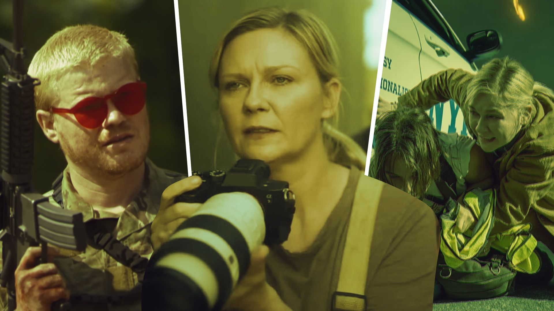 Kirsten Dunst holding a camera and hiding behind a car with Jesse Plemons holding a rifle in an edited image of Civil War
