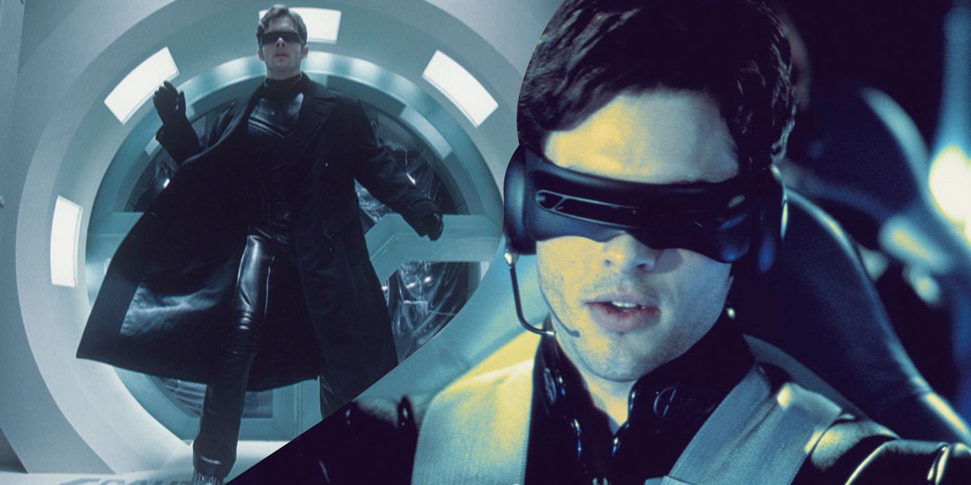 An edited image of James Marsden as Cyclops wearing a black jacket and suit in X-Men
