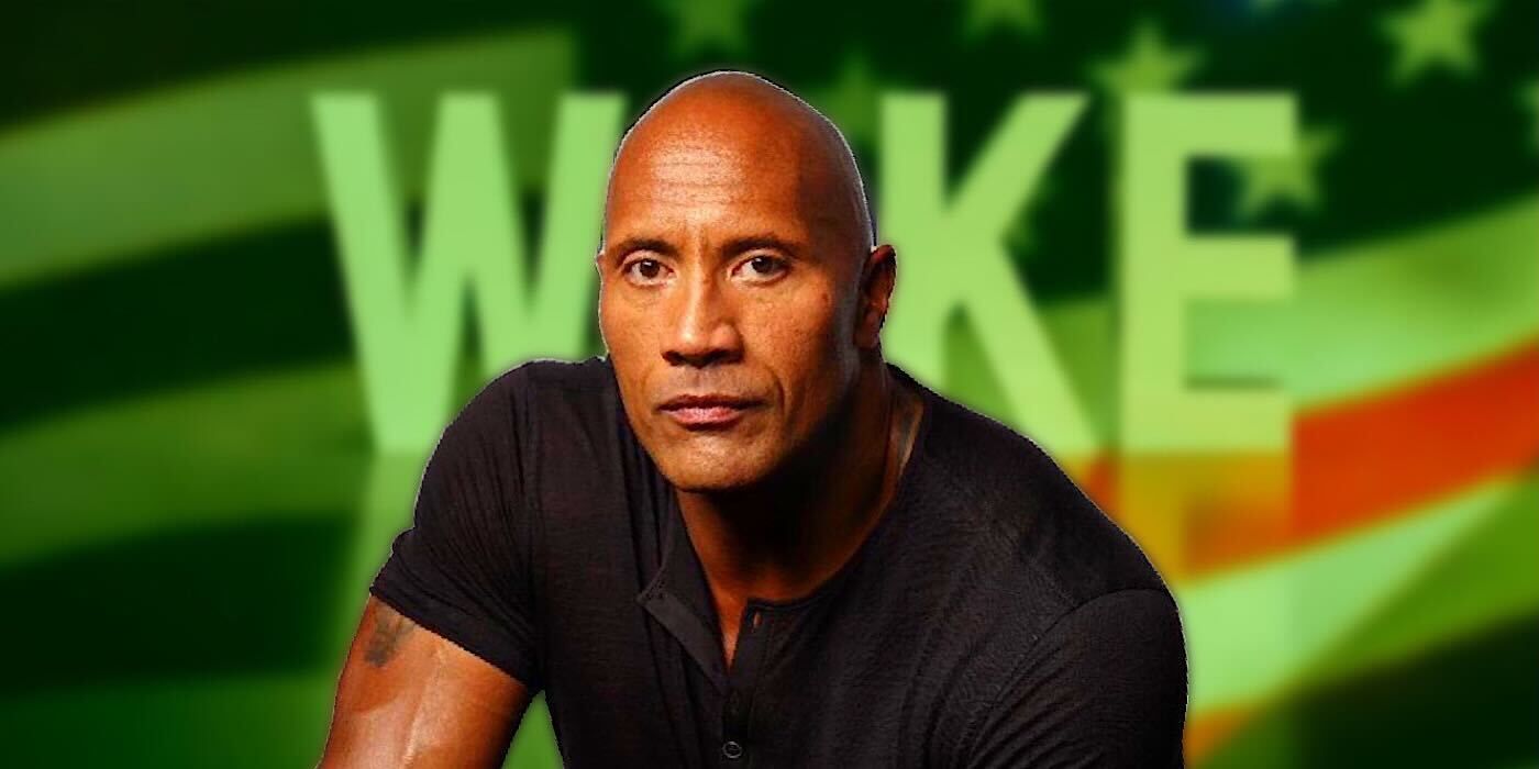 Dwayne Johnson sitting with the word woke over an american flag behind him