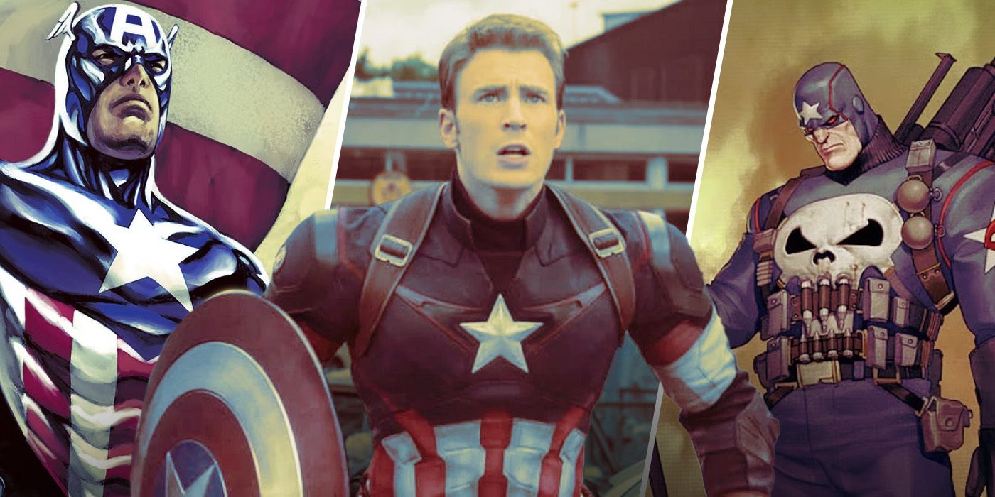 Bucky Barnes as Captain America, Chris Evans as Steve Rogers, and Frank Castle as Captain America