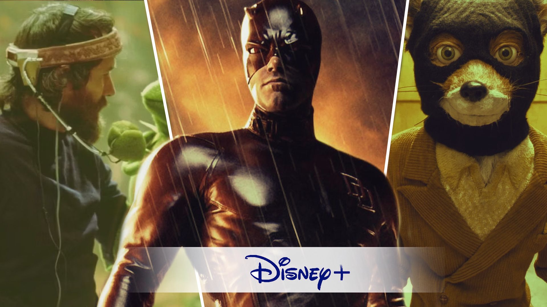 An edited image of three movies including Daredevil, The Fantastic Mr. Fox, and Jim Henson Idea Man