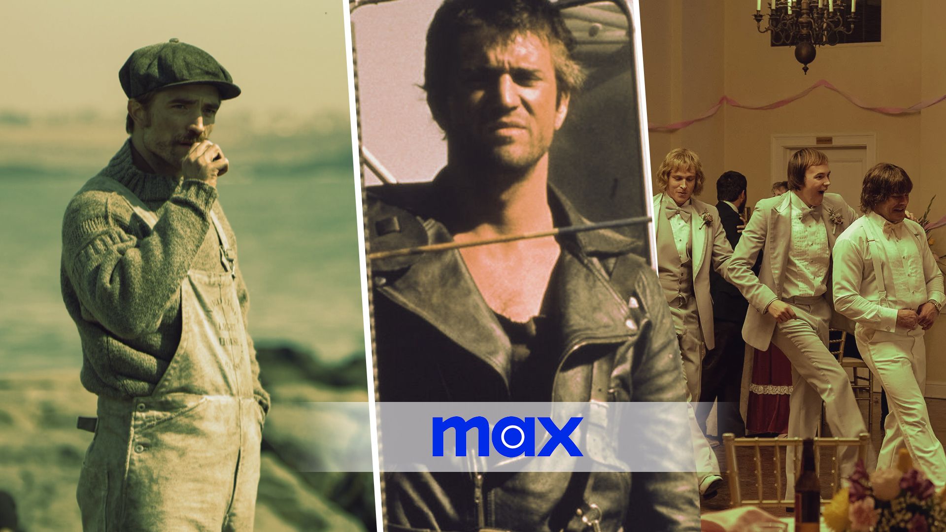 An edited image of three movies with the Max logo including The Lighthouse, Mad Max 2, and The Iron Claw