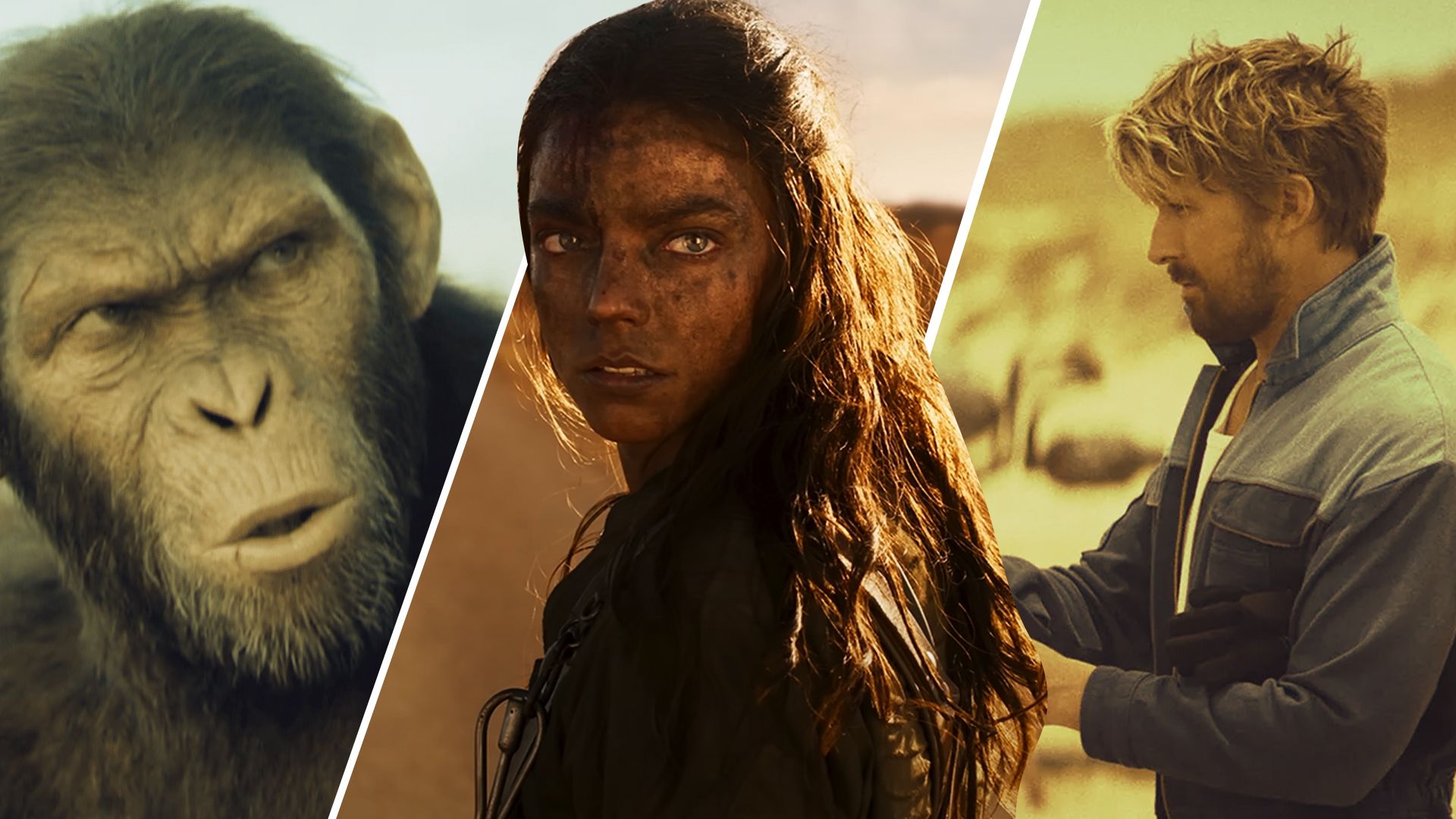 An edited image of three movies including Kingdom of the Planet of the Apes, Furiosa: A Mad Max Saga, and The Fall Guy