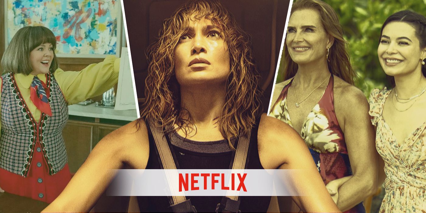 An edited image of three movies with the Netflix logo including Atlas, Unfrosted, and Mother of the Bride