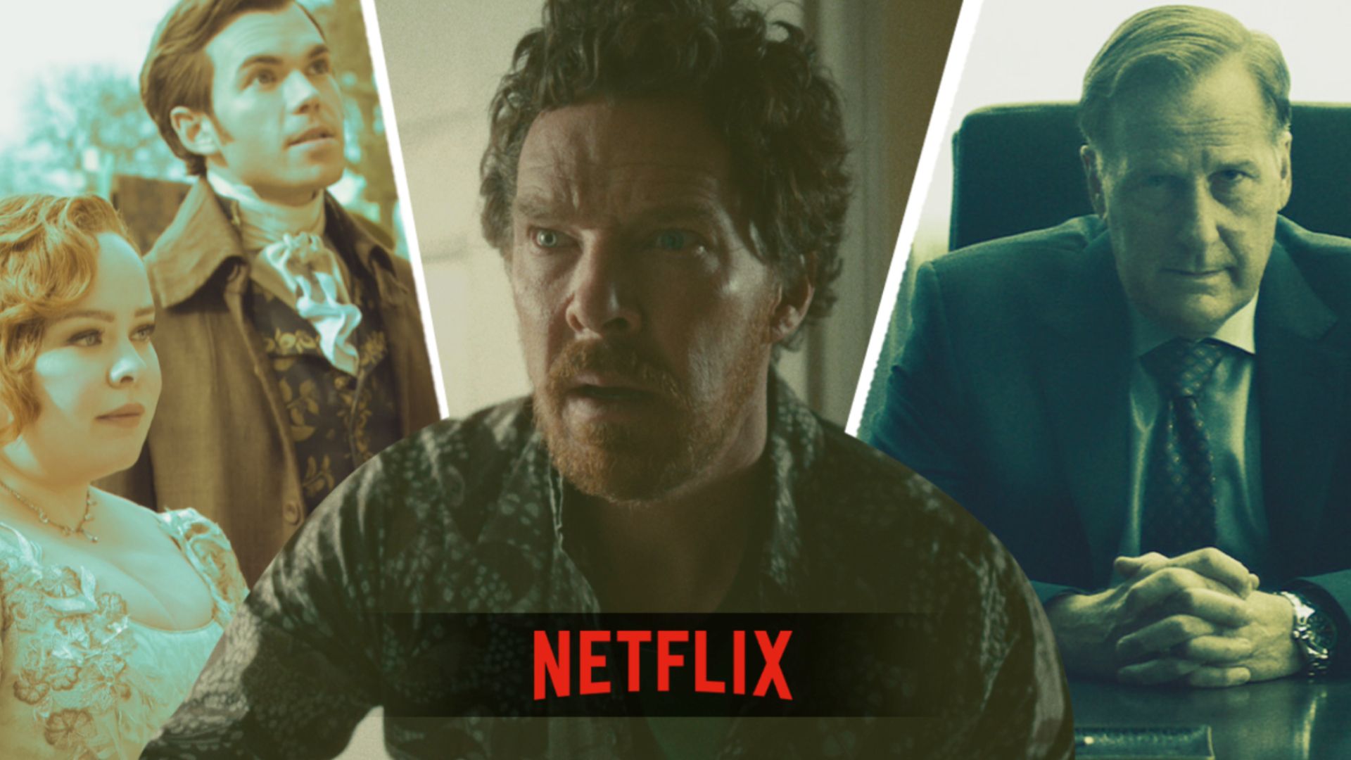 An edited image of three TV shows with the Netflix logo including A Man in Full, Bridgerton, and Eric 