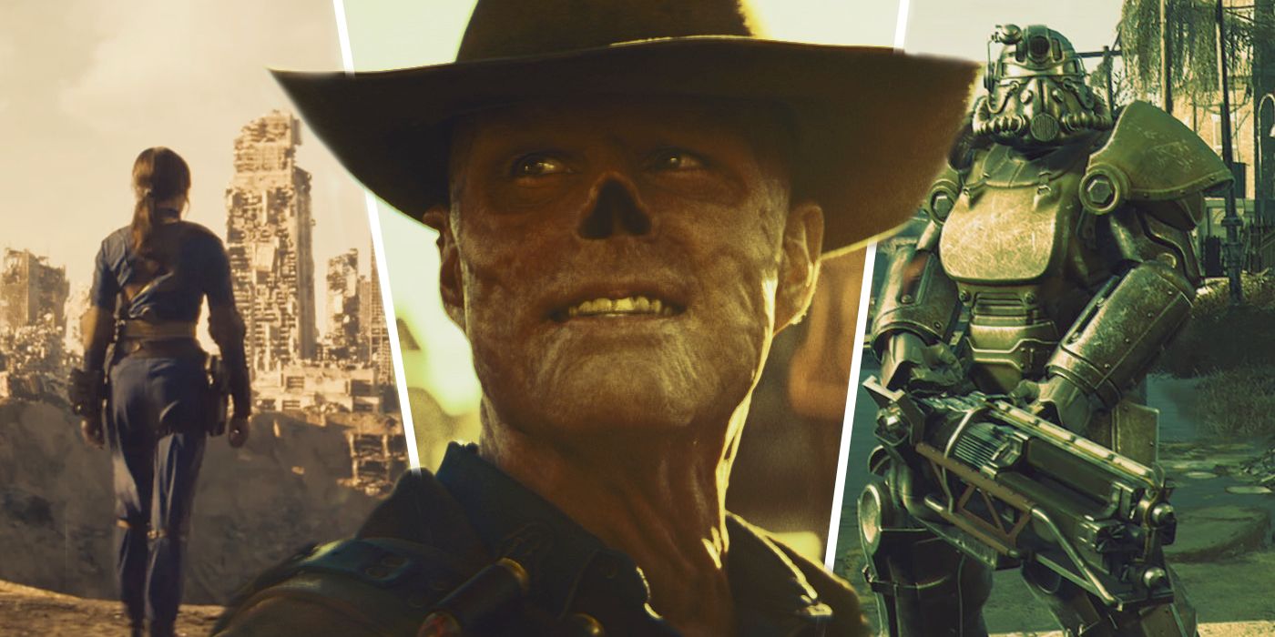 An edit of Walton Goggins as the Ghoul, Ella Purnell as Lucy, and a Brotherhood of Steel Knight in Power Armor in Fallout