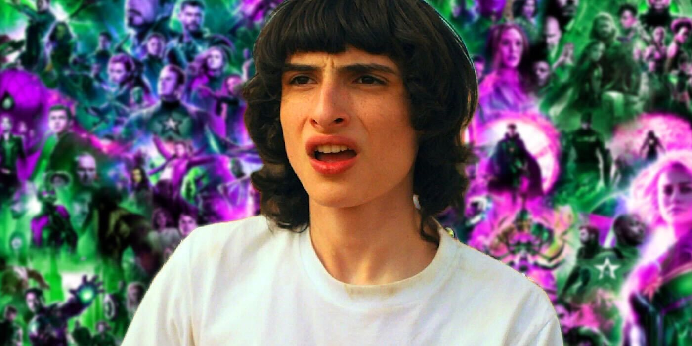 Finn Wolfhard with a background of Marvel characters