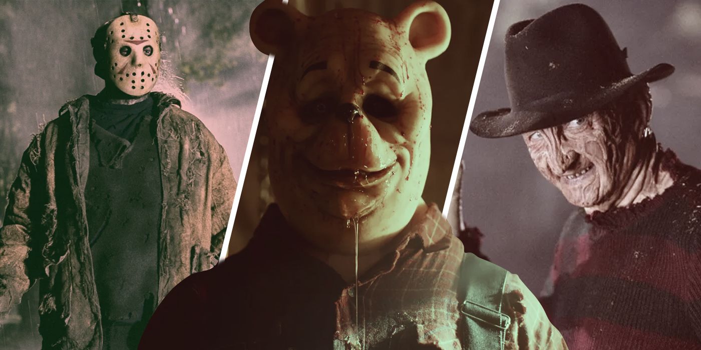 An edited image of Freddy Krueger and Jason Voorhees next to Winnie the Pooh from Winnie the Pooh: Blood and Honey