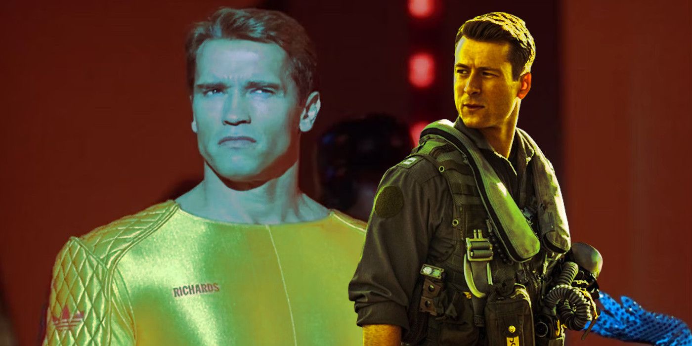 Arnold Schwarzenegger in The Running Man and Glen Powell in Top Gun: Maverick