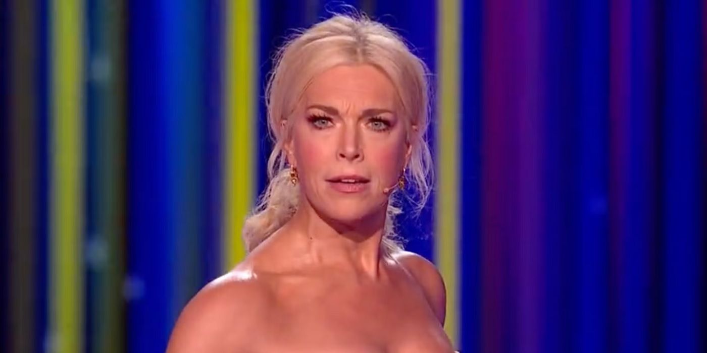 Hannah Waddingham with microphone at Eurovision Song Contest