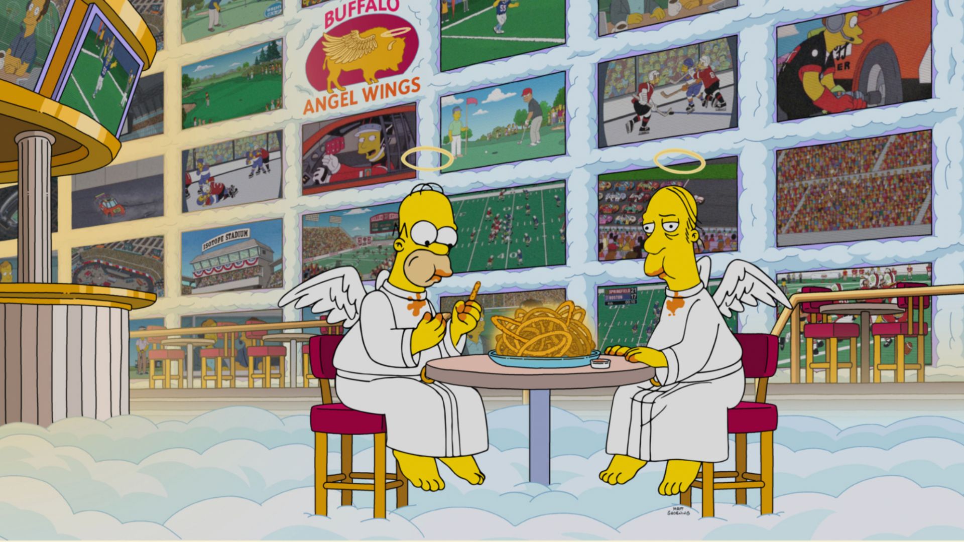 Homer has fun with Larry in Heaven on The Simpsons.