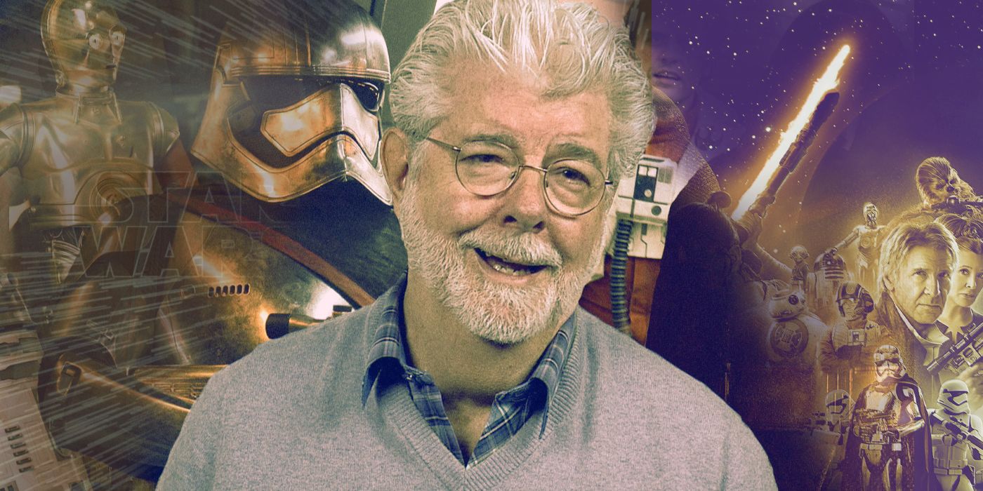 An edited image of George Lucas standing in front of different Star Wars characters