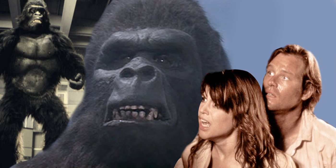 Linda Hamilton and Brian Kerwin in an edited image of King Kong Lives with King Kong standing next to them