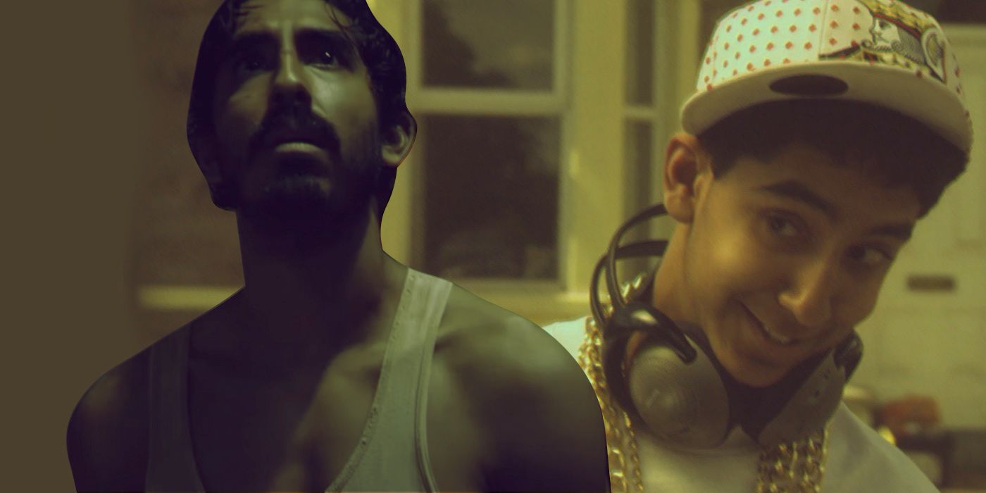 An edited image of Dev Patel wearing a hat and headphones with a gold chain in Skins and wearing a tank top in Monkey Man