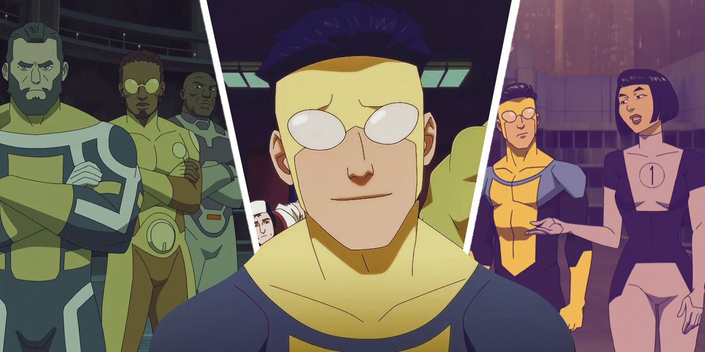 An edited image of Mark Grayson as Invincible wearing his yellow and blue suit alongside other superheroes