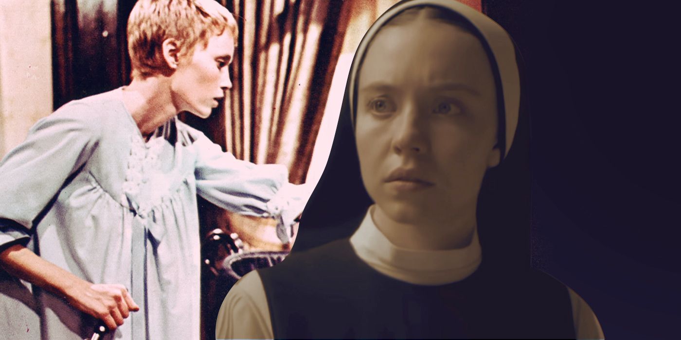 An edited image of Sydney Sweeney in a nun outfit in Immaculate with Mia Farrow as Rosemary in Rosemary's Baby