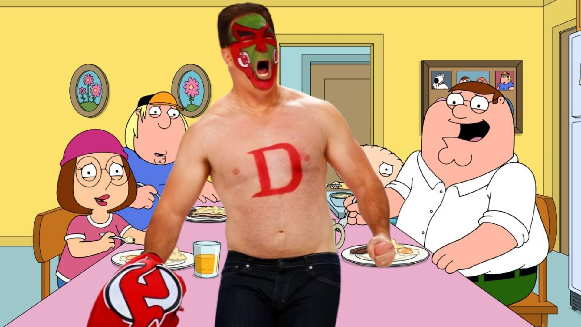 Patrick Warburton as Puddy in a Family Guy dinner table scene