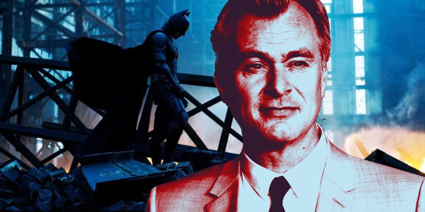 Christopher Nolan in red over Batman in The Dark Knight wearing his suit looking down at a burned building