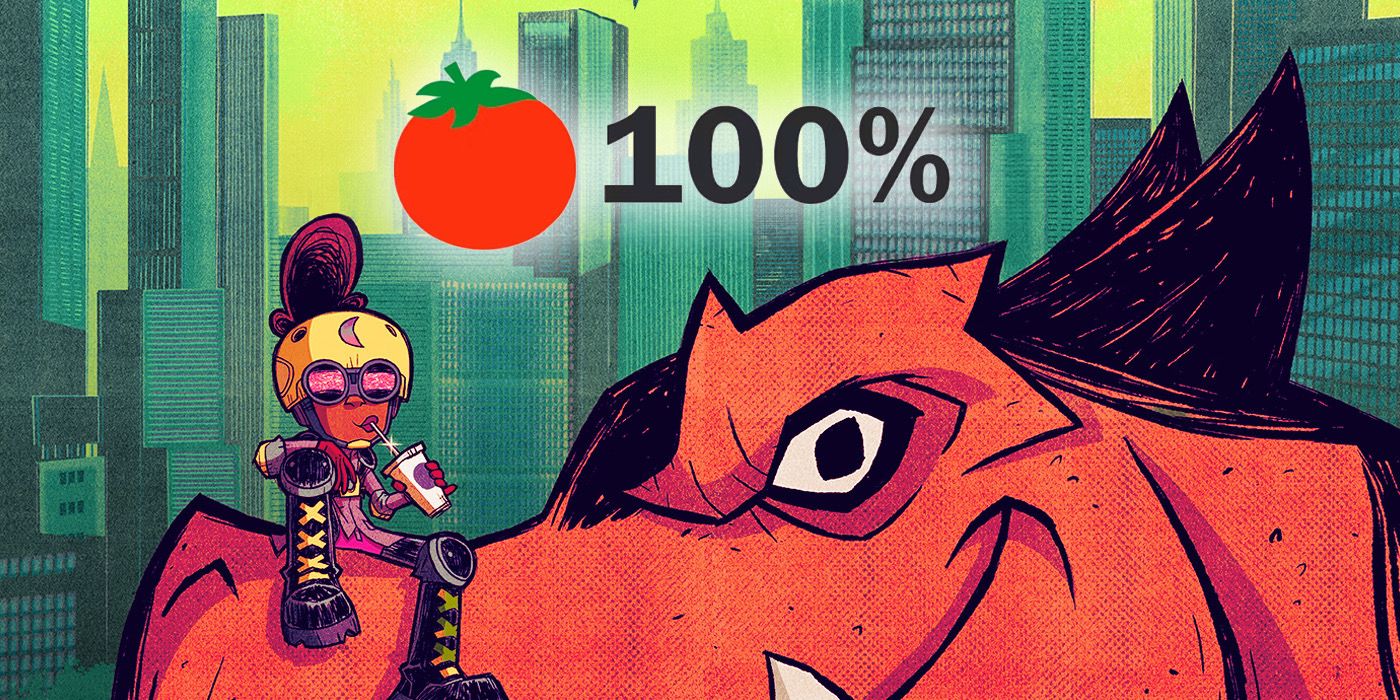 Lunella Lafayette / Moon Girl, a young black girl in a vibrant superhero outfit, with Devil Dinosaur, a giant, red Tyrannosaurus Rex smiling at each other while under a “Certified Fresh” sticker from Rotten Tomatoes 