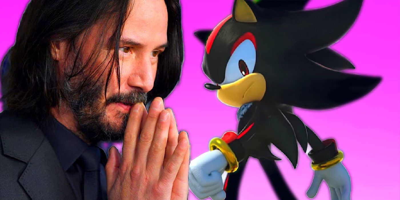 Keanu Reeves with hands together and Shadow the Hedgehog